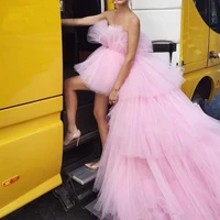 pink prom dresses ball gown strapless tulle tiered high low sexy long prom gown evening dresses robe de soiree