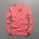 Футболка мужская с длинными рукавами, модная тенниска из хлопка, однотонная Повседневная тонкая рубашка с воротником на пуговицах, Удобная майка в винтажном стиле, весна