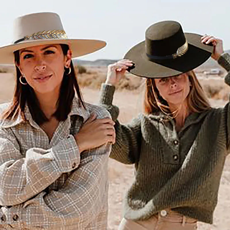 

Женская фетровая шляпа HT216, теплая джазовая шляпа, Женская фетровая шляпа с листьями металлического ремня, винтажная фетровая шляпа s