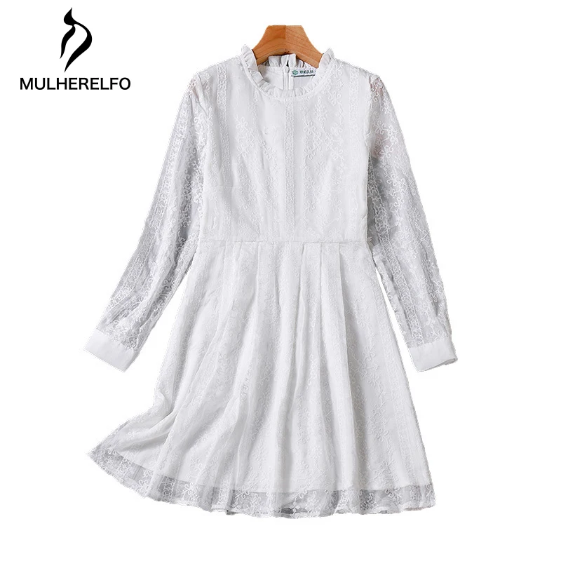 

French Vintage Lace Embroidered Stitching Female White Dress Round-Neck Long Sleeve Loose A-Line Skirt Buttoned Elegant Dresses