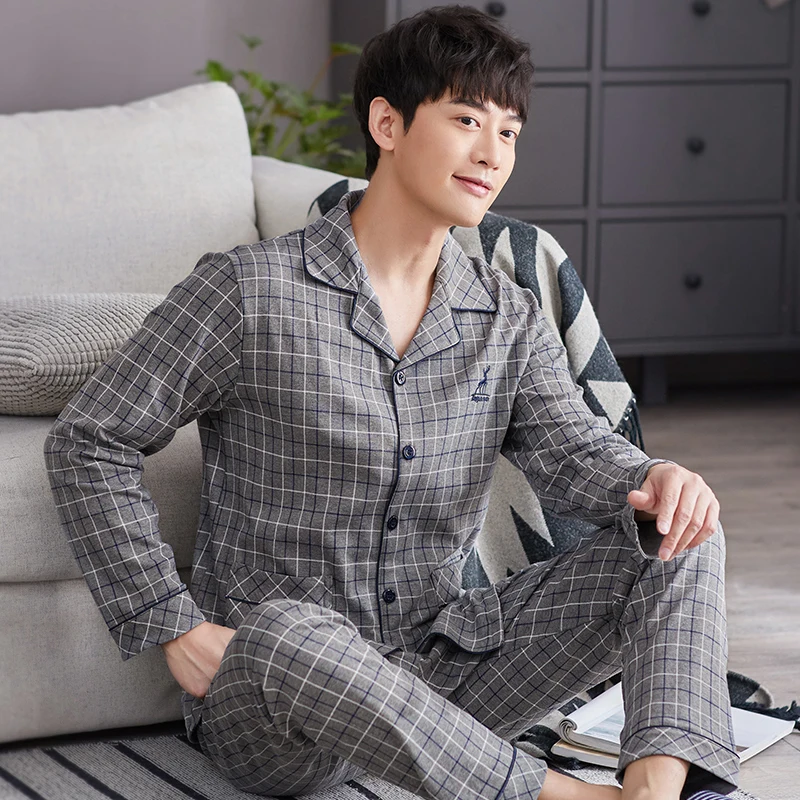 Пижама из 100% хлопка для мужчин 2 шт. одежда сна синяя Весенняя пижама в клетку