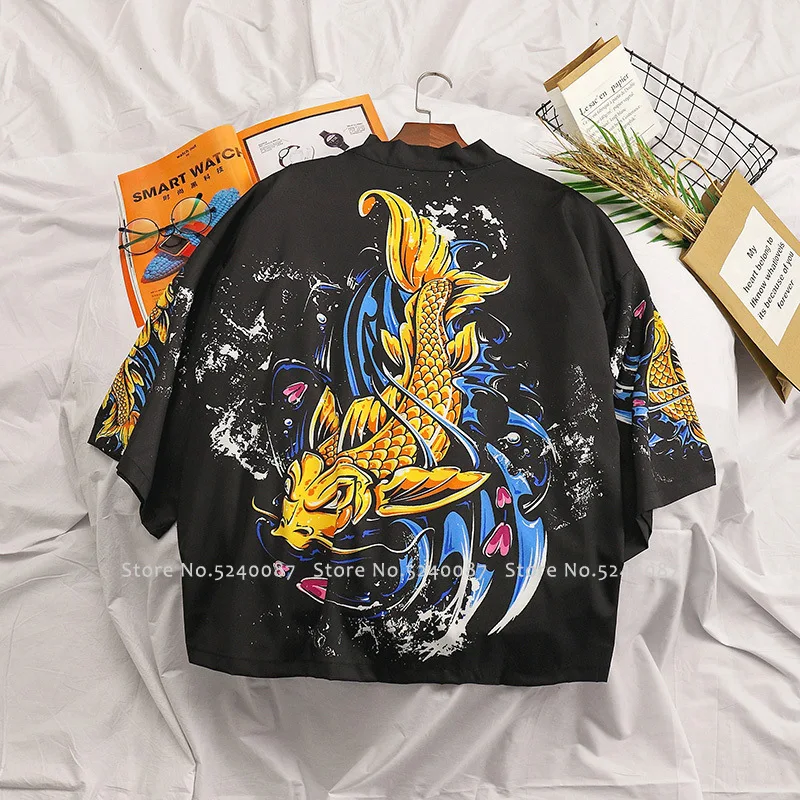 Japanese Style Kimono Cardigan Men Chinese Traditional Dragon Print Robe Samurai Yukata Loose Blouse Haori Coat Asian Streetwear |