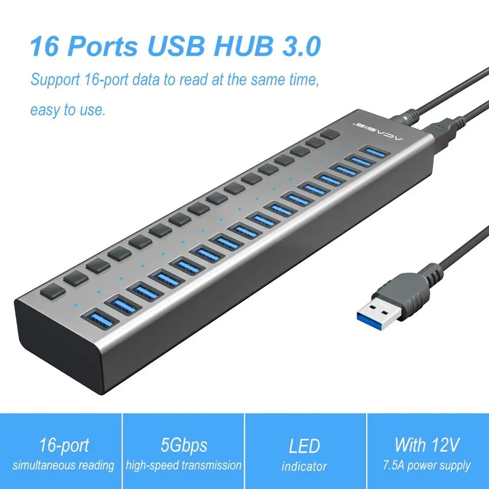 Usb-хаб 3,0, внешний адаптер питания, 16 портов, usb-хаб, разветвитель, переключатель 12 В, 7.5A, адаптер питания для Mac, планшета, ноутбука, ПК, США, ЕС, Великобритании