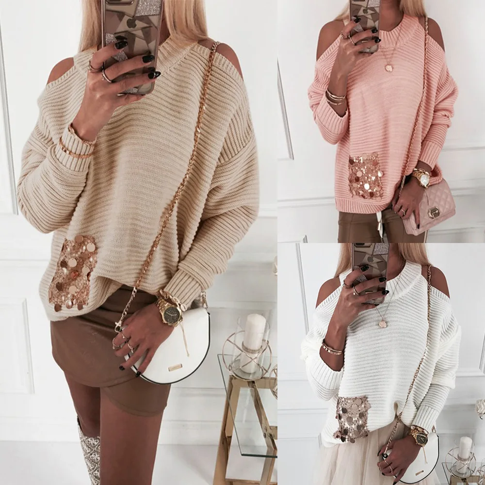 Autumn Winter Sweater LADY Casual Sequins Pocket Long Sleeve Knitted Pullover Streetwear Women Clothes | Женская одежда