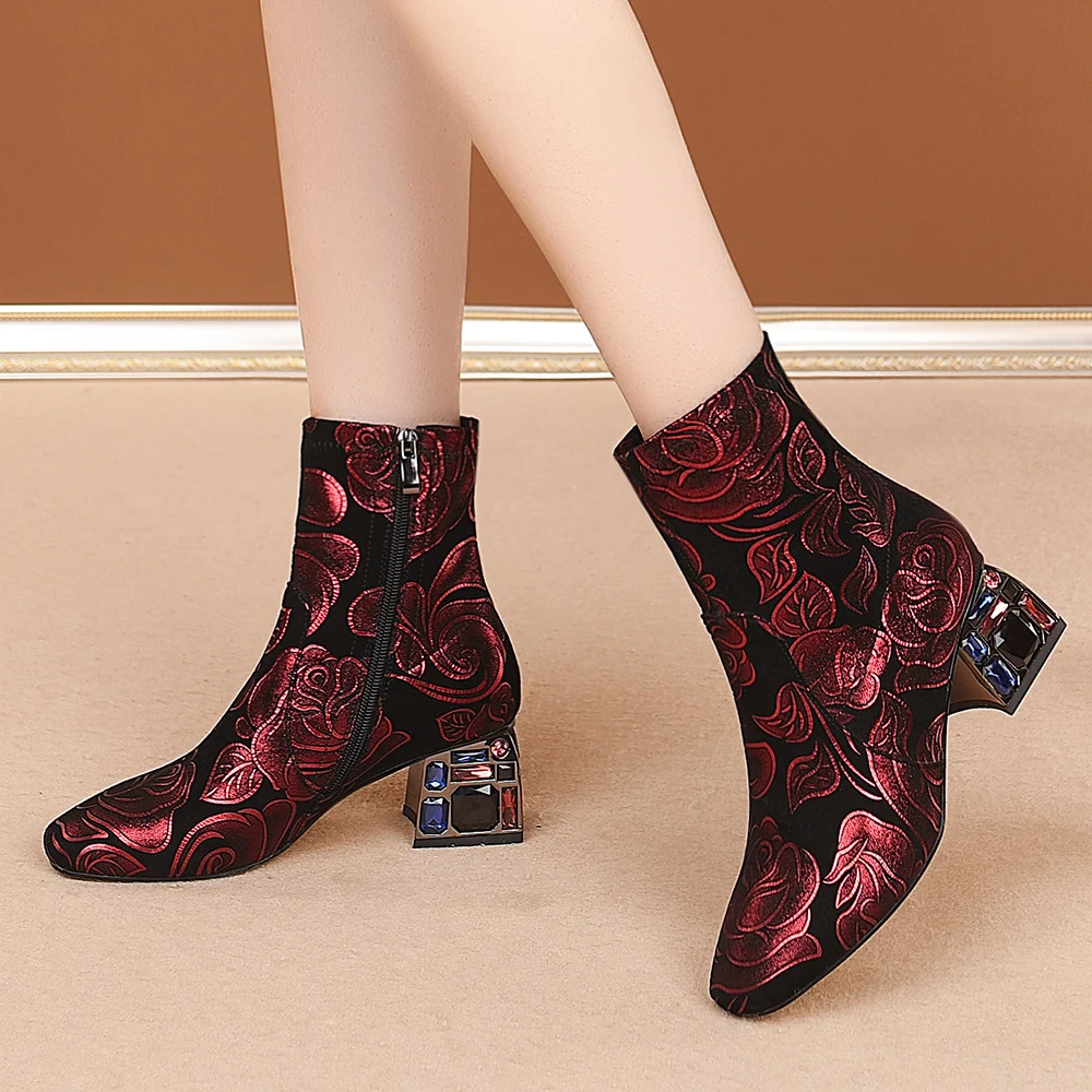 

Aliona Shoo flower print sexy high heels ankle boots for women square rhinestone woman heels pumps high heel shoes for ladies 43