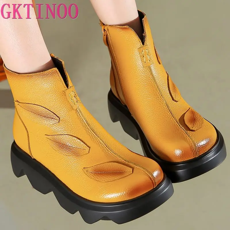 

Женские ботильоны из натуральной кожи GKTINOO, осенние ботинки на массивном каблуке, повседневные ботинки на платформе с круглым носком в стил...