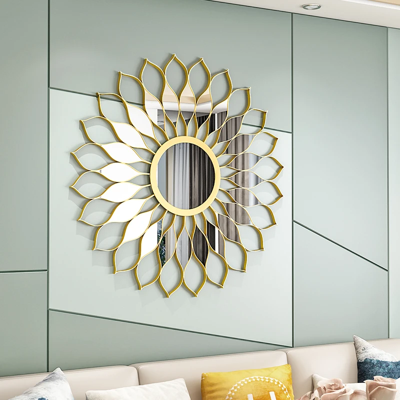 

Europe Wrought Iron Wall Hanging Gold Sun Flower Decorative Mirrors Decor Home Livingroom Background Wall Mural Ornaments Crafts