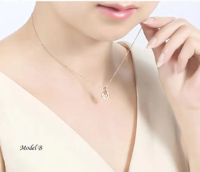 model B Классический 2 круг Clavicular 18 К чистый настоящий твердый Настоящее розовое золото очарование кулон ожерелье набор для женщин Девушка Необычные офисные ювелирные изделия - Цвет камня: model B