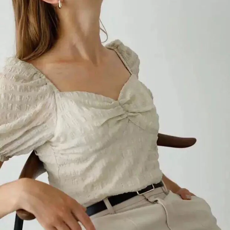 

family advance M open back bubble sleeve Pleated Chiffon mesh short sleeve shirt xxdsh39-2070