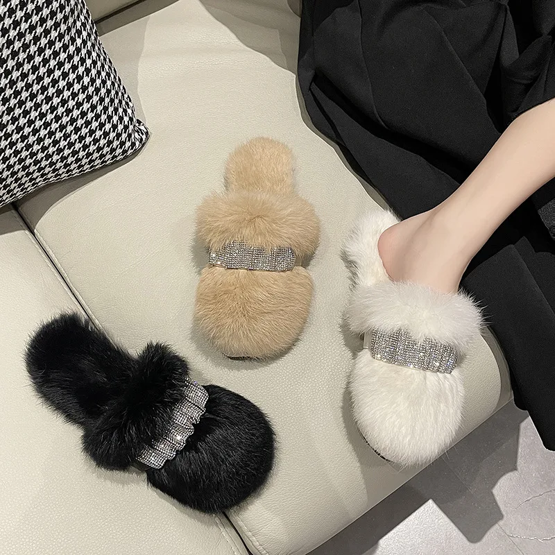 

Women Fluffy Slippers Rhinestone Design Sandals New Fashion Platform Shoes Korean Woman Lovely Fur Home Slippers Plush Shoes
