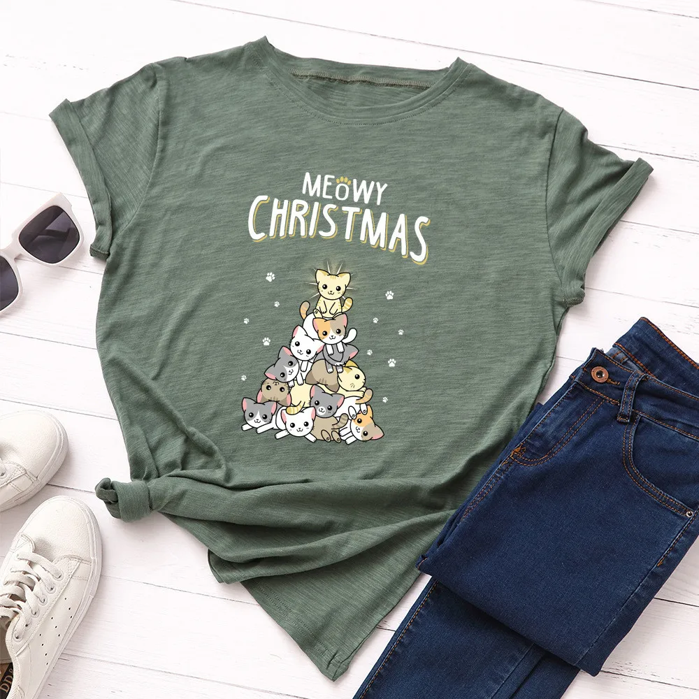 

Meowy Christmas T Shirt Women Kawaii Catmas Tree Print Graphic Tees 5XL Plus Size Short Sleeve Summer Harajuku Tshirts Clothes