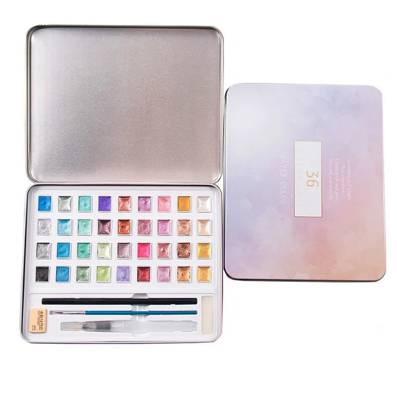 

36 Color Bead Light Solid Watercolor Pigment Metallic Gold Hand Painted Nail Eraser Artist Painting Brush Set Art Supply