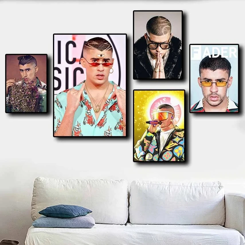 

Famous Music Artist Star Bad Bunny Portrait Painting Posters Modern Quality Canvas Room Living Sofa Wall Art Home Decor Picture