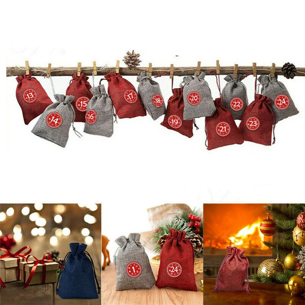 

12pcs 10 X 14 Cm Christmas Candy Bags 1-24 Advent Calendar Cotton Linen Gift Sugar Bags High Quality