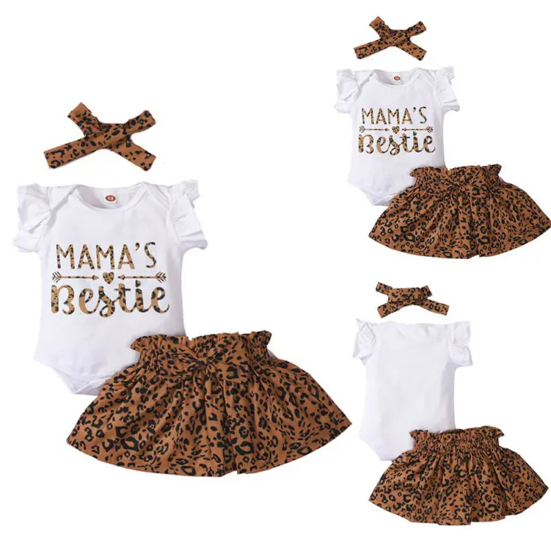 

Toddler Baby Girls Ruffle Short Sleeve Jumpsuit Romper Leopard Skirt Set with Headband Summer 2Pcs Outfits