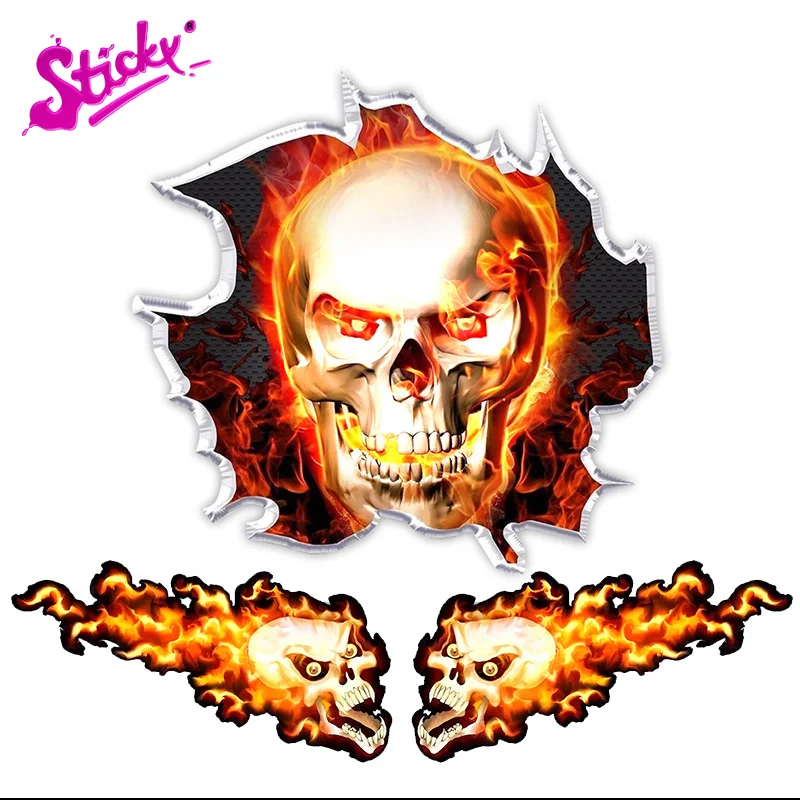 

STICKY 3D Red Flames Skull Check Flag Car Sticker Decal Decor For Bicycle Motorcycle Accessories Laptop Helmet Trunk Wall