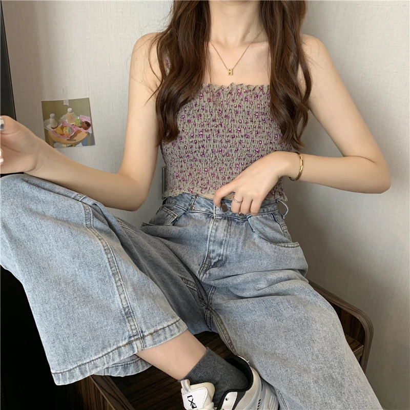 

Ins Summer Crop Top Off Shoulder Print Beach Style Streetwear Slim Spaghetti Strap Female Camis Fashion Brands New 2021