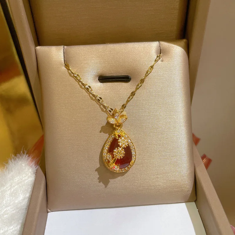 

New Fashion Stainless Steel Waterdrop Zircon Flowers Necklace For Women Elegant Retro Red Crystal Pendant Party Wedding Jewelry