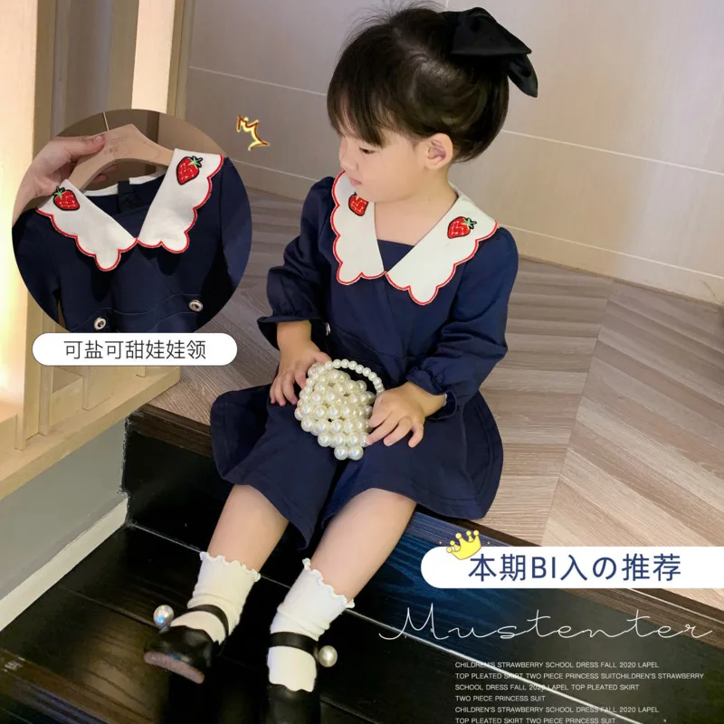 

A-Line Dress for Kid's 2021 Spring Autumn Clothing Long Sleeve Appliques Dresses Turn-Down Collar Girl's Casual Dress