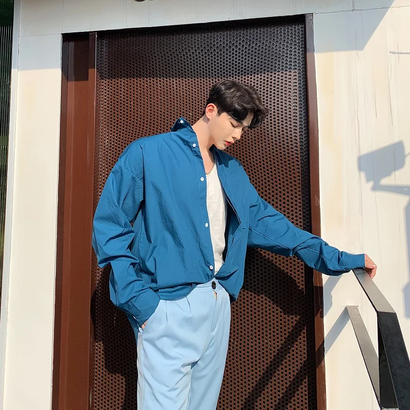 Рубашка мужская с длинным рукавом винтажная модная Свободная Повседневная синяя