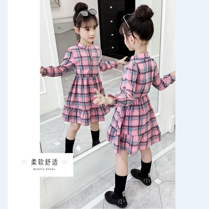 Детское платье весна-осень 2019 клетчатое с длинными рукавами и карманами для