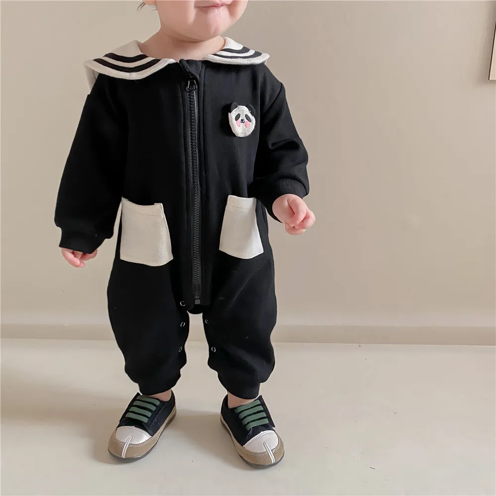 

2021 Baby Spring Romper Boys And Girls Lapel Long Sleeve Cartoon Jumpsuit