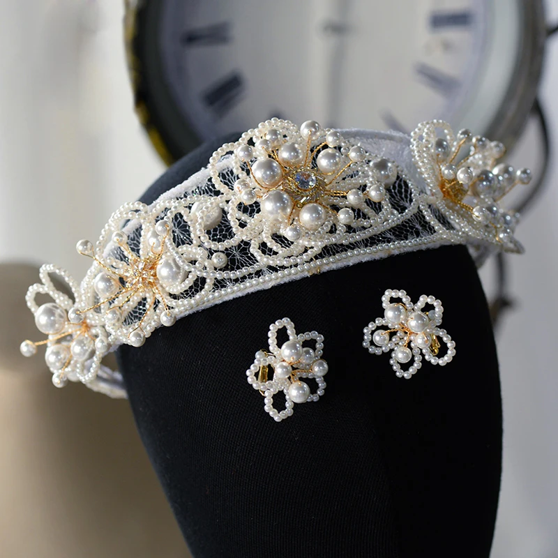 Принцесса Жемчуг невесты тиара Корона и серьги ручной работы принцесса свадебные повязки на голову свадебный аксессуар для волос