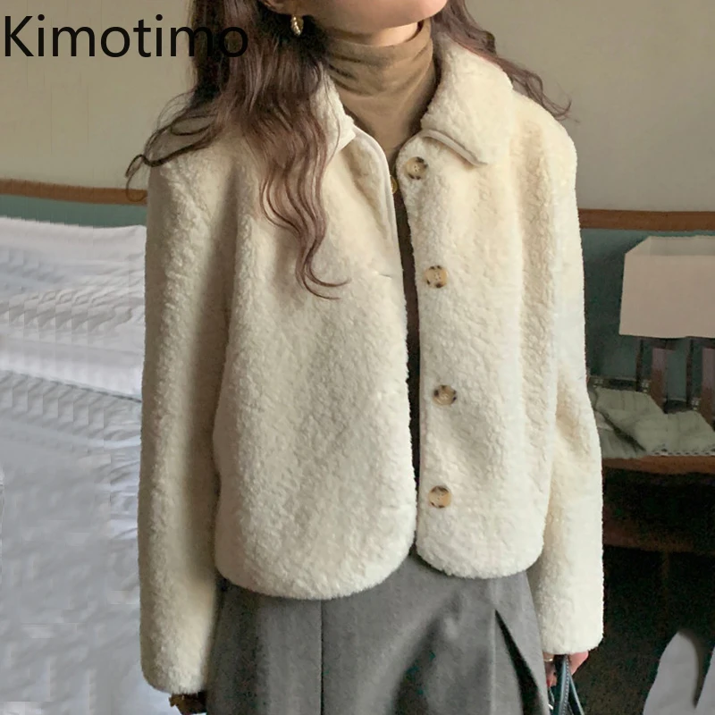 

Kimotimo Women Cardigan Coat Korean Ins Vintage Turn-down Collar Loose Jacket Winter Long-sleeved Temperament Plush Short Coats