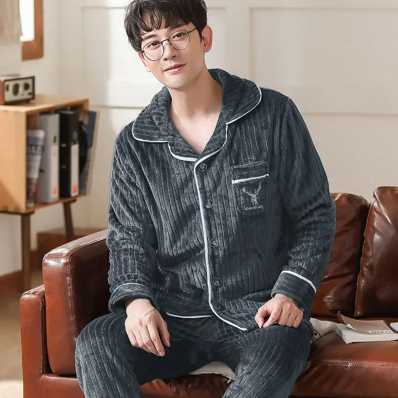 man pajama set Теплая Пижама Мужская Фланелевая Зимняя Толстая Пижама Мужская Толстая пижама с длинным рукавом Повседневная Осенняя Пижама для мужчин коралловый флис для сна XXXL - Цвет: man pajama set