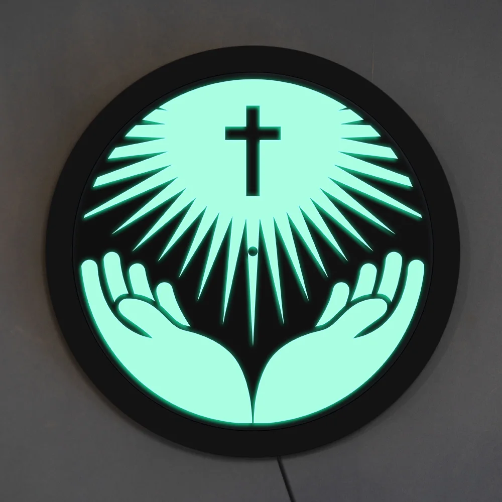 Крест на руках символ религии заказной круглый светодиодный неоновый знак с