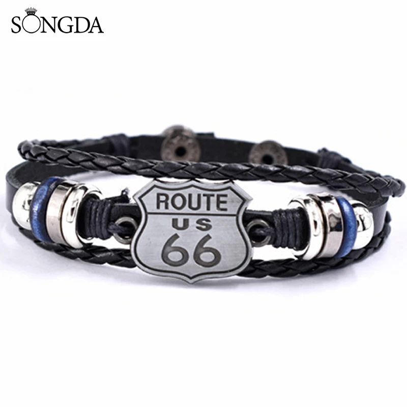 SONGDA Vintage US ROUTE 66 Multilayer Beaded Leather Bracelet for Men and Women Jewelry Quality Braided Bracelet Decoration Gift
