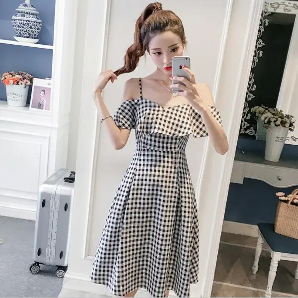 2020 летнее женское платье с высокой талией черно-белое клетчатое на бретельках