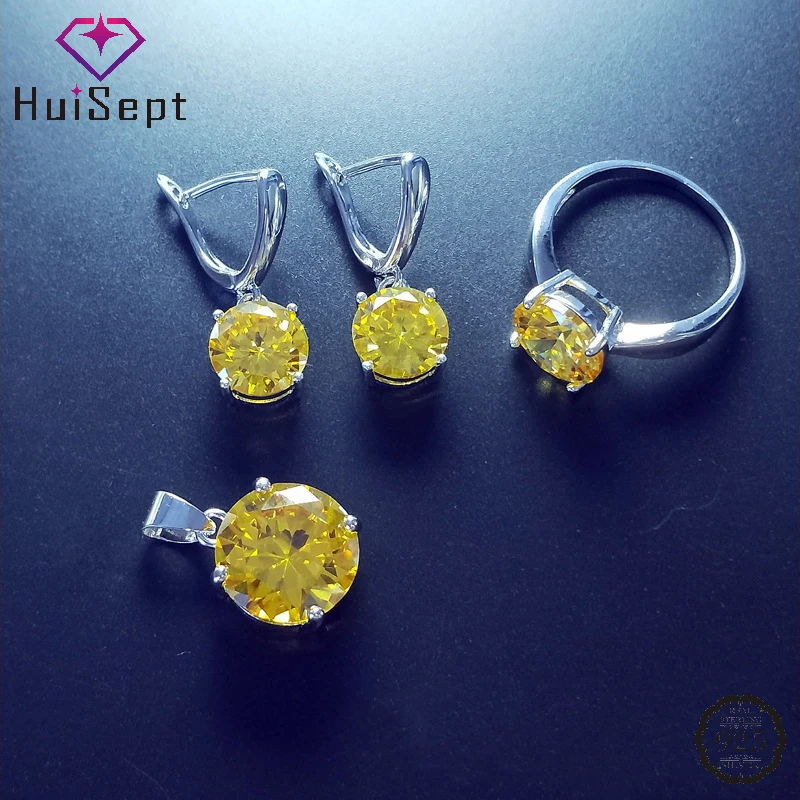 

HuiSept 925 Silver Jewelry Set Ring Earrings Necklace Round Zircon Gemstone Accessories for Women Wedding Party Gifts Wholesale