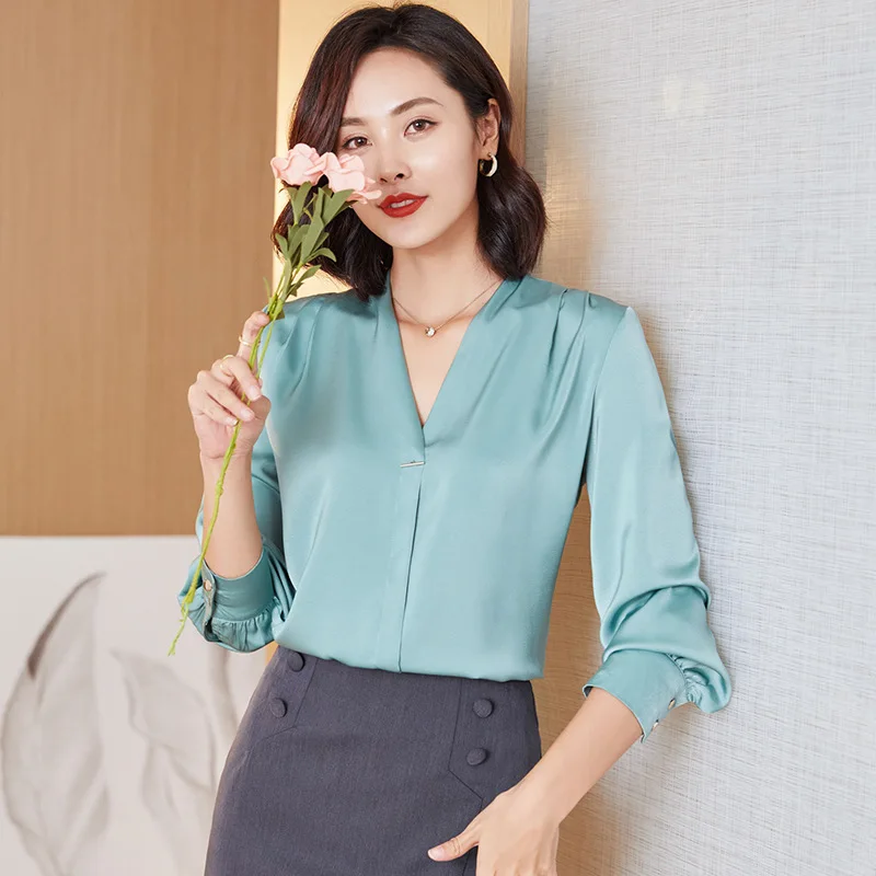 

Spring Loose Long Sleeve Satin Imitation Silk OL Shirt Women V-neck Plus Size Blouse Women Office Ladies Tops Blusas T077