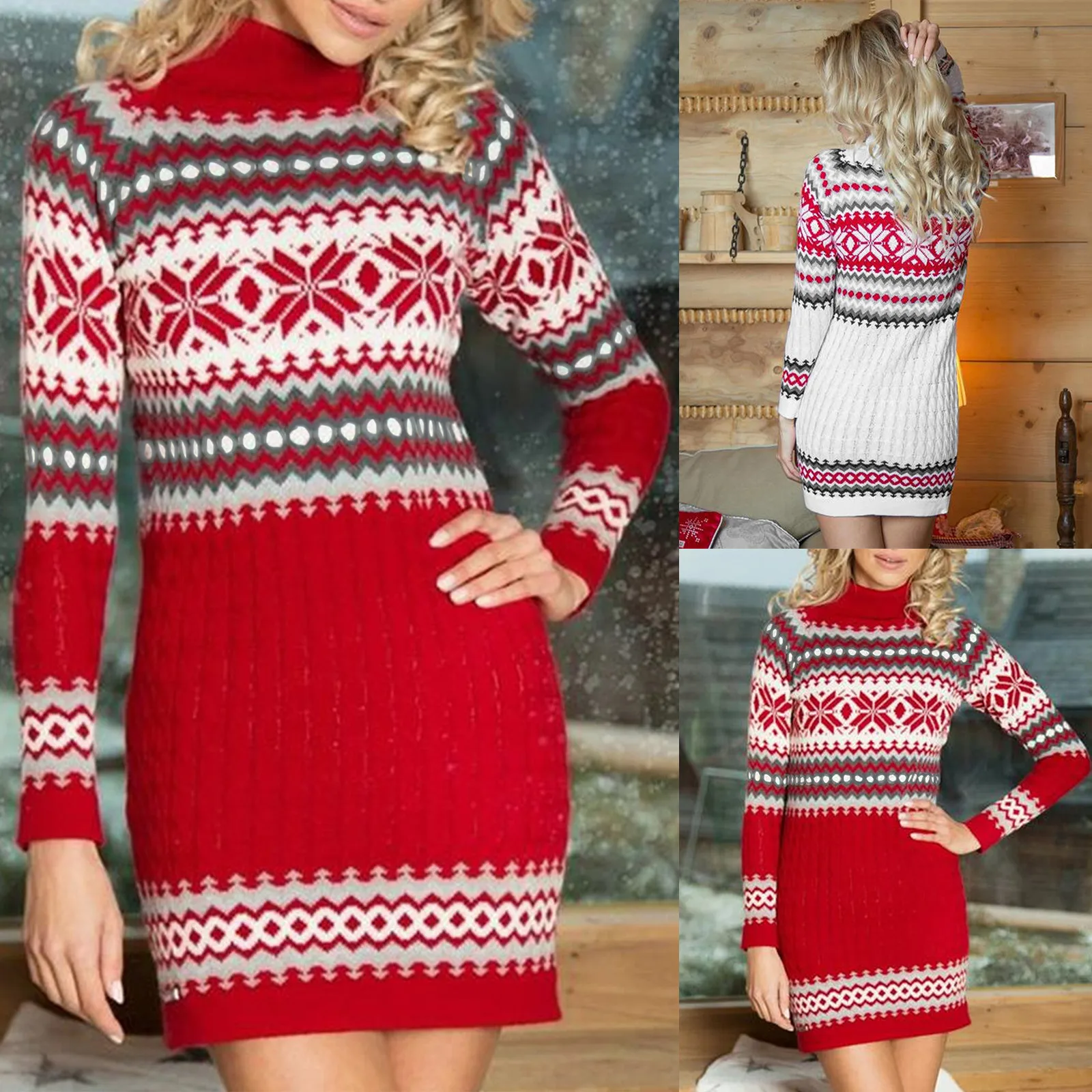 

Ladies Christmas Sweater Dress High Collar Neck Snowflake Print Long Sleeve Knitted Bodycon Dress Elegant Party Mini Dress New