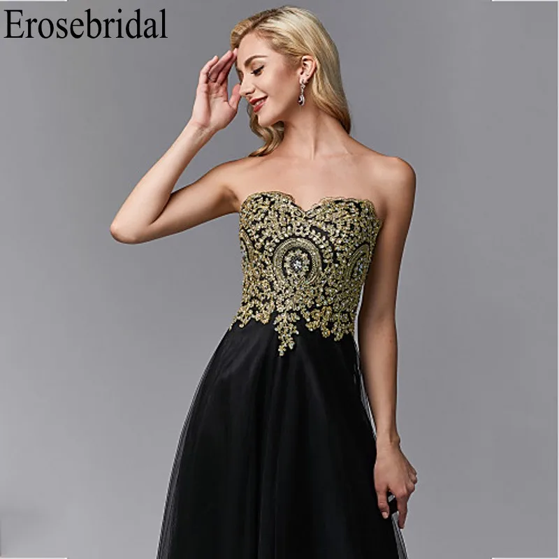 Женское вечернее платье на молнии сзади Erosebridal золотистое кружевное черное