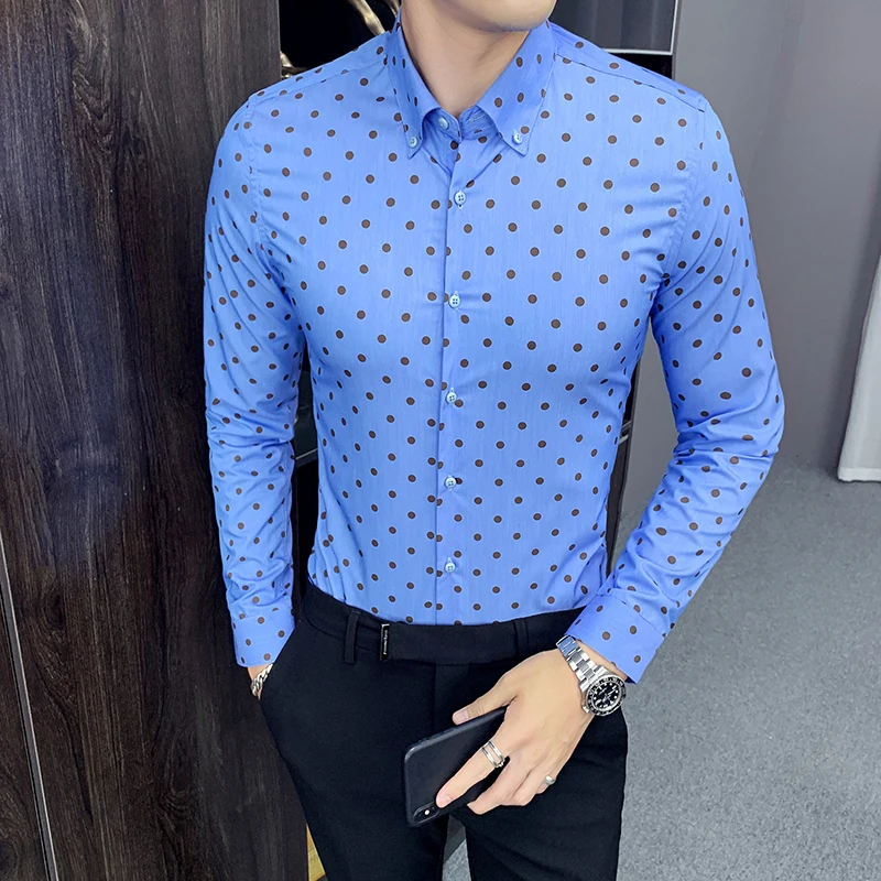 Fashion Print Casual Men Long Sleeve Shirt Stitching Dot printed Design Fabric Soft Comfortable Dress Slim Fit Style | Мужская одежда