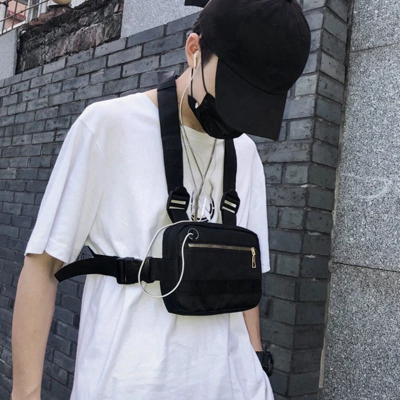 

2Pcs Men Chest Bag Small Hip Hop Streetwear Functional Chest Cross Shoulder Bag Adjustable Streetwear Bags Gray & White