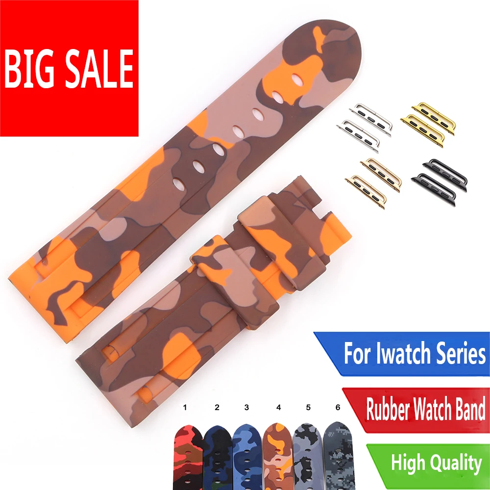 CARLYWET 38 40 42 44mm Top Camo Blue Red Waterproof Silicone Rubber Replacement Wrist Watchband Loops For Iwatch Series 4/3/2/1