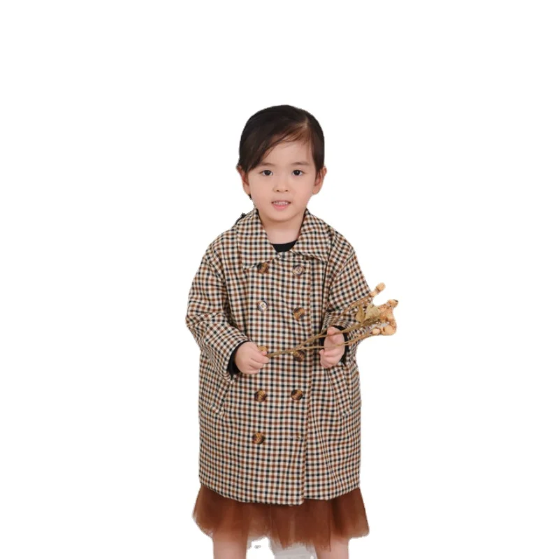 Girls plaid long windbreaker coats 1209 autumn clothes kids 3-8yrs toddler girl trench coat double breasted baby cotton jacket | Детская