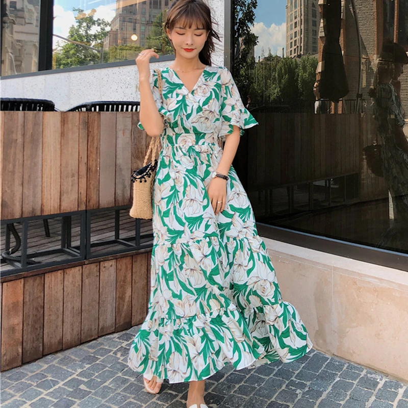 Женское платье макси в стиле бохо Летнее Длинное пляжное с цветочным принтом 3