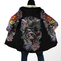 mens hooded cloak samurai oni mask tattoo 3d full printing fleece coat unisex casual thick warm cape nf03