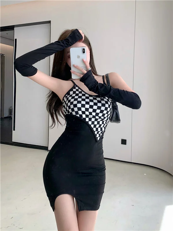 

Niche Contrast Color Strap Stitching Dress 2021 Autumn New French Style Temperament Slim-Fit Sheath Hot Girl Dress