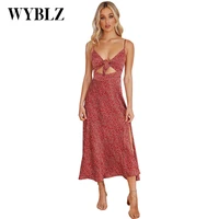 summer women dress elegant fashion floral print casual bandage lace up long dress female vestido party robe beach style backless