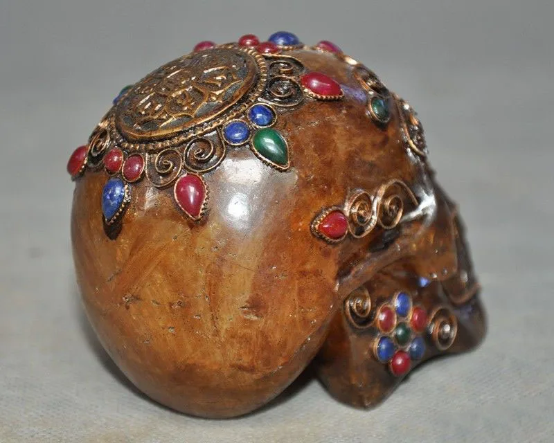 

christmas Rare Tibet Buddhism Crystal Silver Filigree inlay gem Skeleton Skull Head Statue halloween
