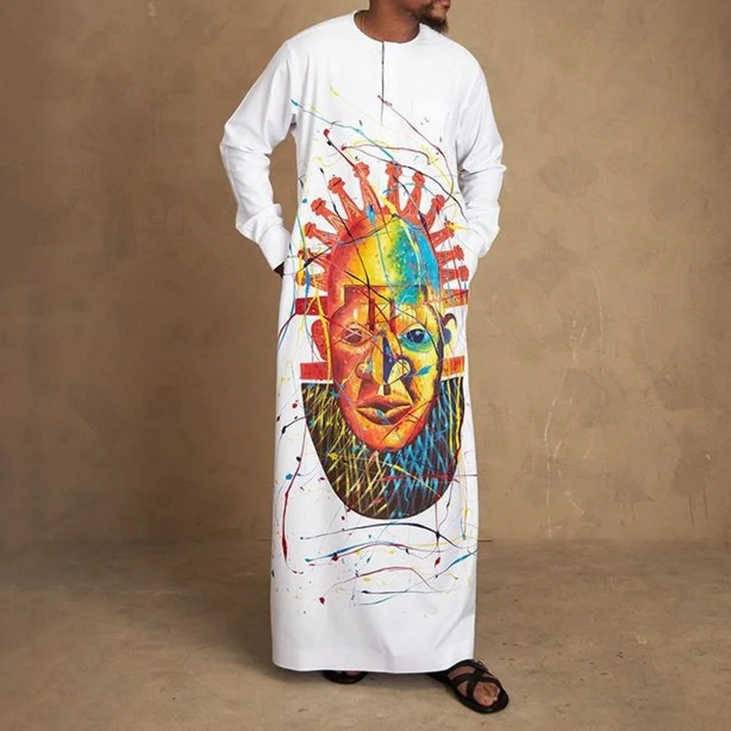 Muslim clothing 2021 summer ethnic style long-sleeved fashion cartoon printed loose men's robe