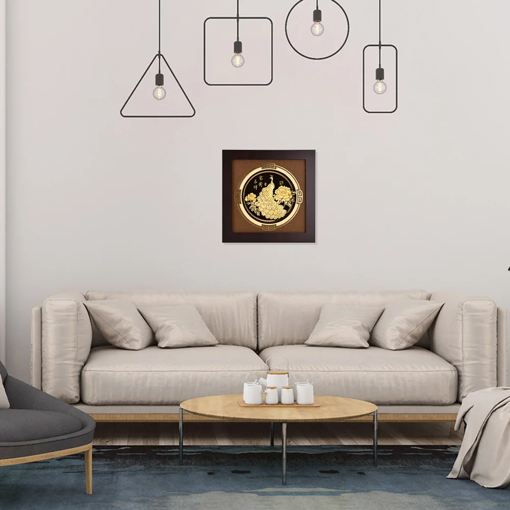 Картина с 3d павлином в рамке настенная живопись листьями 24 каратного золота