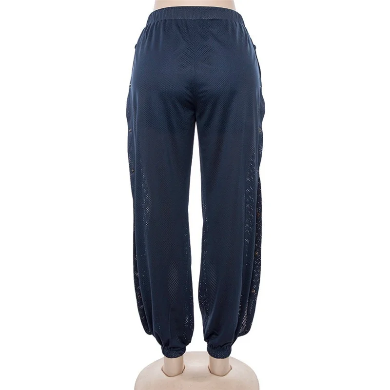 

2021 New Autumn New Style Mesh Button Splicing Beam Feet Female High Waist Loose Casual Trousers Side Slit Harem Pants Female