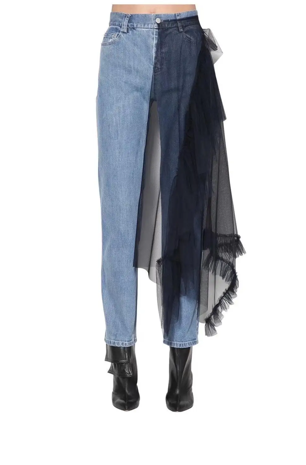 new 2021 spring women mesh patchwork jeans female vintage straight denim pants trouse ddxgz2
