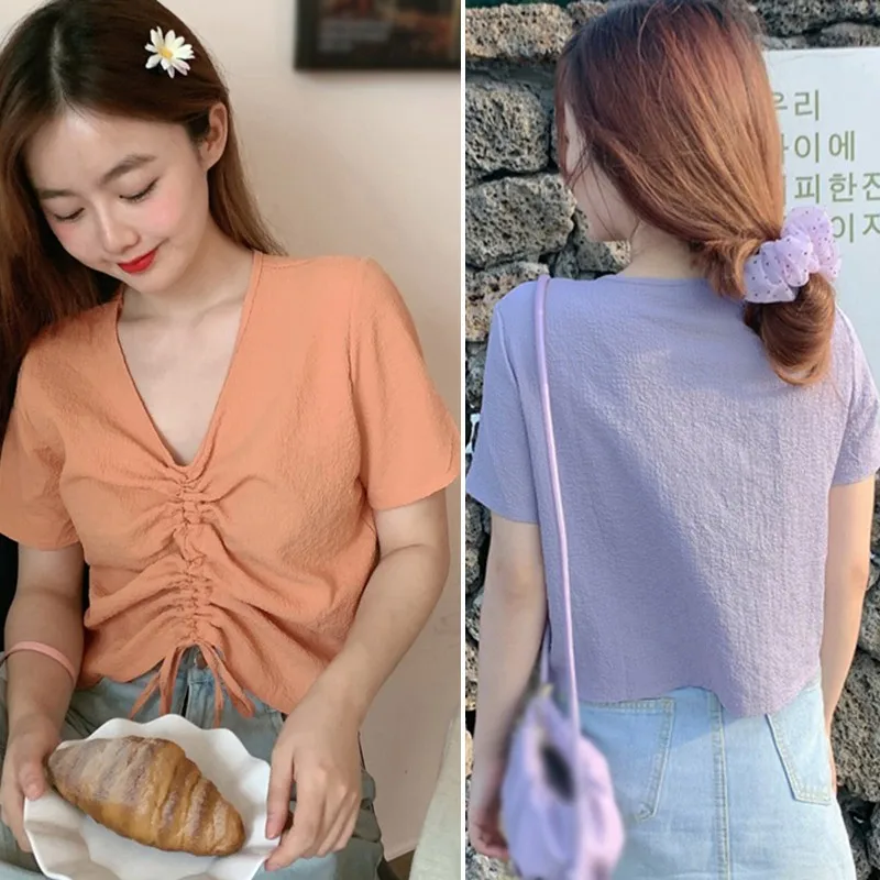 

Korean Summer Shirt Tops Women Blouse Loose Casual Sweet Short Sleeve Pleated Drawstring Top Blouses Women Shirts